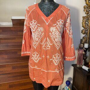 Chicos Top Sz 0 (4-6 S) Orange Embroidered V-Neck 3/4 Sleeve Tunic Cotton NWT